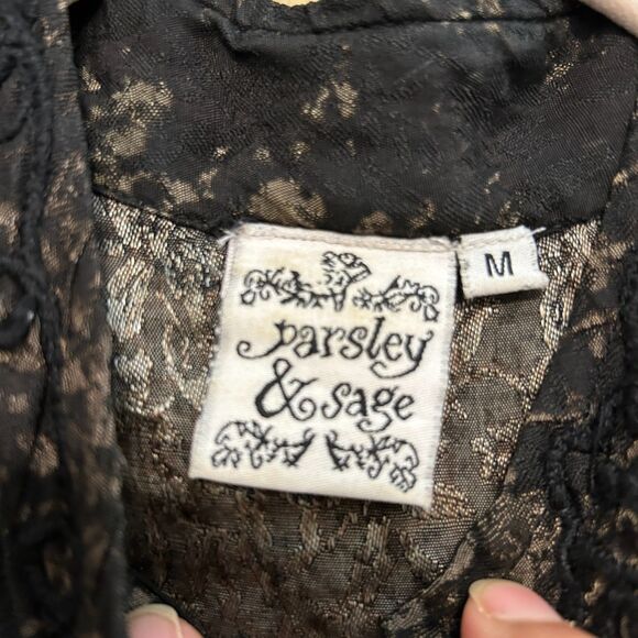 Parsley & Sage Embroidered Button Up Jacket Women Medium Black Tan Art Lagenlook - Picture 7 of 8